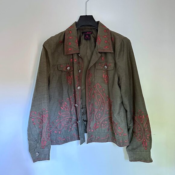 Embroidered silk-blend olive green jacket, red embroidery - Picture 1 of 4